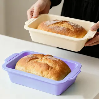 Toeusog 2-Stück Silikon Brotbackform Kasten: Kastenform mit Metallrahmen | 29.6 x 15.5 x 6.6 cm - Antihaft Backform Rechteckig für Brot Backen - Brotform zum Kuchen/Toastbrot (Lila & Beige)