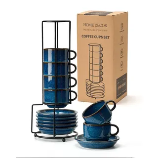 HOME DECOR Espressotassen Set - Reaktive Glasur Prozess - 6 x 140 ml Kaffeetassen mit Unterteller & Ständer - Edle Keramik Tassen für Espresso, Cappuccino und Latte - Reaktivglasurblau
