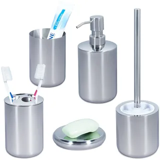 Relaxdays Badezimmer Set, 5-teilig, Badaccessoires Edelstahl poliert, komplette Badezimmerausstattung, modern, Silber