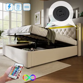 Sweiko Polsterbett LED Doppelbett Stauraum Bettkasten mit USB Typ C Ladefunktion Kopfteil,Baumwolle Jugendbett 160x200 mit lattenrost(Ohne Matratze) - Beige, Gelb