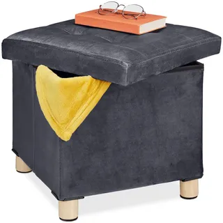Relaxdays Samthocker mit Stauraum, Tablett im Deckel, mit Holzbeinen, eckiger Sitzhocker, HBT: 35x38x38 cm, dunkelgrau