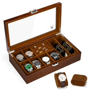 Slege Uhrenbox aus Holz,Sonnenbrillenbox,6 Fächer,Uhrenetui für Herren,Uhrenkasten Glasdeckel,Uhrenaufbewahrungsbox und Schmuckkästchen,Uhrenbox Organizer für Männer und Frauen,für Ringe,Geschenk