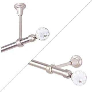 Gardinenstange 140 cm, 1-läufig, Chrom Matt, Vorhangstange mit Kristallkugel, für Wandmontage- oder Deckenbefestigung - Silber