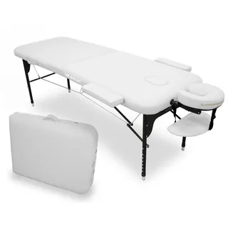 WELLCORE Klappliege aus Aluminium, 185 x 65 cm, Kunstleder, höhenverstellbar, Gelenkkopf, Gesichtsloch, seitliche Arme, Weiß, Transportrucksack, bis 225 kg