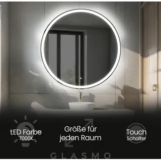 Spiegel mit Beleuchtung 80 cm Anna - Rund Badezimmerspiegel mit LED Beleuchtung - Kaltweiß 7000K - LED Badspiegel Lichtspiegel mit Touch Schalter - Transparent