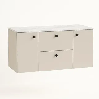 WENA Waschtischunterschrank mit 2 Türen und 2 Schubladen 120 cm, glatte Fronten, schwarze Metallgriffe Beti (Farbe: Kaschmir/Marmur Bianco) - Beige