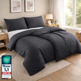 Komfortec Bettwäsche 135x200 4teilig Bettwäsche-Sets 2 Bettbezüge 135x200 cm + 2 Kissenbezüge 80x80 cm, Anthrazit mit Reißverschluss