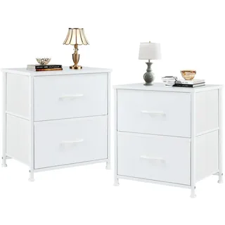 Sweetcrispy Nachttisch 2er Set, Nachttisch Beistelltisch, Stoff Schubladenschrank, Schmal Schrank, Kommode Schlafzimmer, Industrial Stil für Wohnzimmer, Kinderzimmer, Flur Aufbewahrungsschrank, weiß