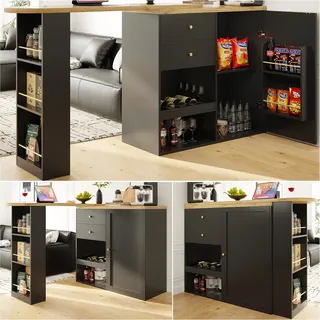 Flieks Esstisch Bartisch 360 Grad Drehbar, Küchentisch Esszimmertisch mit Schrank, Stehtisch mit Regal, Weinregal und Schubladen, Schwarz - Schwarz