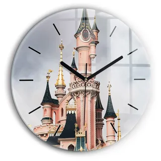 Wallfluent Große Wanduhr – Stilles Quarzuhrwerk - Uhr Dekoration Wohnzimmer Schlafzimmer Küche - Zifferblatt mit Striche - schwarze Zeiger - 60 cm - Schloss Disneyland in Paris - Rosa