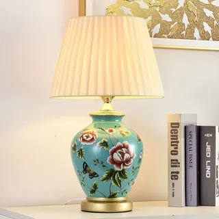 Mengjay Klassische Vintage Art Keramik Tischlampe, Vase-Like-Tuch Lesebuch-Licht Schreibtischlampe Porzellan-Antike Blumen verzierte Nacht Birne Beistelltisch Dresser E27 (Blau)
