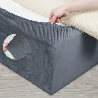 DUJUIKE Stretch Samt Boxspring Abdeckung zum Umwickeln, Alternative zum Traditionellen Volant Bettrock, Einfach Anzubringen (Grau, Queen Bed Width:150-160cm)