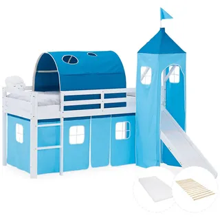 Homestyle4u Hochbett 90/200 cm in Weiß und BLau mit Rutsche+Lattenrost+Matratze , Textil , Kiefer , 90x200 cm , Babymöbel & Kindermöbel, Kinderzimmer & Jugendzimmer, Kinderbetten, Hochbetten