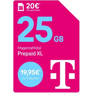 Telekom MagentaMobil Prepaid XL mit 25 GB Highspeed-Volumen I Surfen mit 5G/ LTE Max & Allnet Flat (Min, SMS) in alle dt. Netze I Datenmitnahme I Basic Roaming & Hotspot Flat I 20 EUR Startguthaben