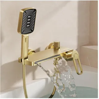 swhc Badewannenarmatur Gold mit Handbrause, Mischbatterie Badewanne Wasserfall Armatur Wasserhahn Badewanne Heiß oder Kalt Duschamaturenset Messing Wannenarmatur mit Brause