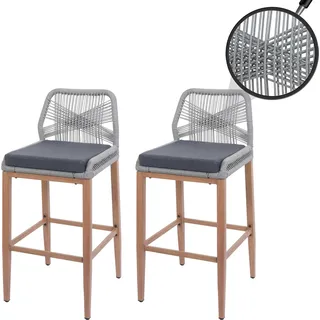 2er-Set Rope-Barhocker HWC-O21, Outdoor Sitzpolster Seilgeflecht Metall Holz-Optik hellgrau, Kissen dunkelgrau - Grau