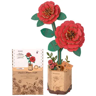 rowood 3D Puzzle Rote Kamelie, DIY-Blume Aus Holz, Modellbausätze Für Künstliche Blumen Zum Zusammenbauen Für Erwachsene, Beste Heimdekoration Und Valentinstags-Spielzeug-Geschenkset