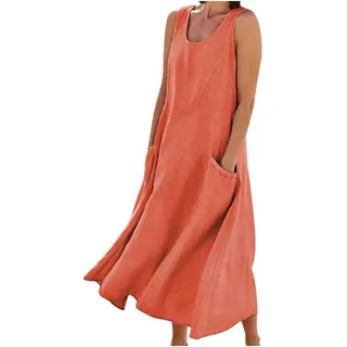 Ärmellos Baumwoll Leinen Tankkleid Damen Vintage Einfarbig Sommerkleid Gestreifte Strandkleid Lose Rundhals Maxikleid A-Linie Kleider Große Größen Langes Kleid Partykleid Freizeitkleid mit Taschen