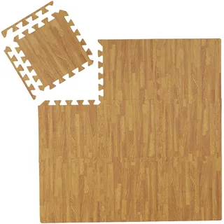 Relaxdays Bodenschutzmatte mit Rand, 9 Puzzlematten für Sport & Fitnessgeräte, 0,85 m2, Schaumstoff, Holzoptik, natur