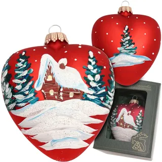 Christbaumschmuck KREBS GLAS LAUSCHA "Herz mit verschneitem Haus", rot, B:6cm H:6cm T:9cm, Glas, Weihnachtsbaumschmuck, Christbaumschmuck, Christbaumschmuck aus Glas, mundgeblasen, handgefertigt, herzförmig