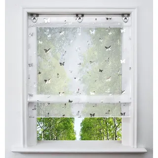 Voile Raffrollo mit Silber Heißprägen Design Raffgardine Transparent Ösenrollo Fenster Vorhang (BxH 80x130cm, Schmetterling)