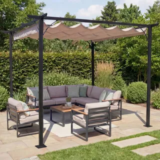 Pergola HWC-C42, Garten Pavillon, stabiles 6cm-Gestell + Schiebedach 3,5x3,5m creme - Beige