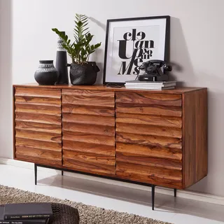 FineBuy Sideboard Sheesham Massivholz 150 cm mit 3 Türen - Massive Retro Kommode mit 3D Haptik - Design Natur Anrichte - Handdustrial - Braun