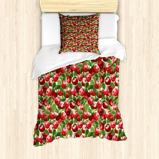 ABAKUHAUS Apfel Mantele, Bio-Garten-Ernte, Milbensicher Allergiker geeignet mit Kissenbezügen, 135 cm x 200 cm - 80 x 80 cm, Rot, Grün, Weiß - Rot