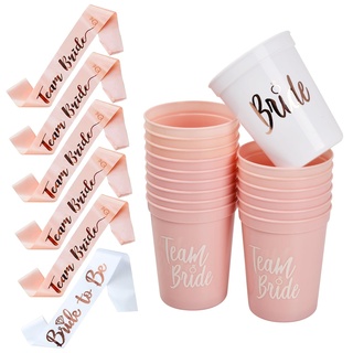 22 Stück JGA Accessoires Frauen, 1 Braut to be Schärpe, 5 Team Braut Schärpe, 16 Hen Party Cups Bachelorette Party Tassen, Team Braut Trinkbecher für Junggesellinnenabschied Bridal Dusche (B)