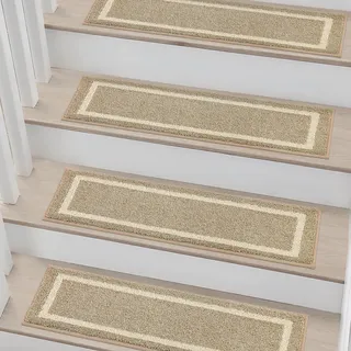 COSY HOMEER Treppenstufen Matten 70x22cm (15 Stück), Stufenmatten Innen Selbstklebend rutschfest Teppich Treppenstufen, Stufenmatten Maschinenwaschbar, 100% Polyester, TPE-Rücken, Beige