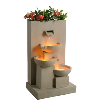 Teamson Home 74 cm 3-stufiger Kaskadierender Outdoor-Wasserbrunnen mit Pflanzgefäß, LED-Leuchten für Außenbereiche, Natur