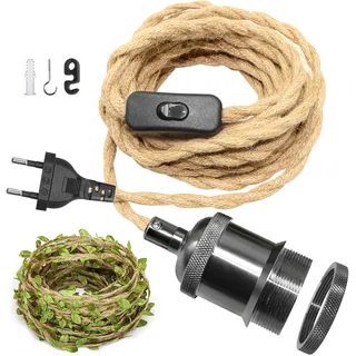 ZRLXFM Lampenfassung E27 mit 5M Hanfseil Kabel, Lampenkabel mit Schalter und Stecker, Für DIY Hängende Pendelleuchte Vintage Hängelampe Mit einer 5M langen grünen Blattdekoration(Schwarz)