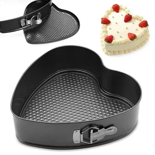 Springform Backform Herz 28CM, Kuchenform mit Antihaftbeschichtung, Kuchenform mit Flachboden, Kuchenbackformen mit Flachboden, Tortenform Tarteform für Kuchen Backen, Kohlenstoffstahl, Schwarz