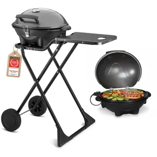 TZS First Austria - Elektrogrill 2 in 1 Tischgrill & Standgrill 2400W - Elektrischer & klappbarer Grill für Balkon & Terrasse mit Deckel & Rollwagen - Elektro-Kugelgrill mit Thermometer & Tropfschale