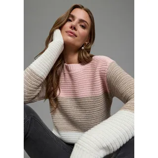 Streifenpullover LAURA SCOTT, Damen, Gr. 44/46, rosa weiß gestreift, Grobstrick, Obermaterial: 50% Baumwolle, 50% Polyacryl, gestreift, figurumspielend hüftlang, U-Boot-Ausschnitt, Pullover Streifenpullover, leichter Übergangspullover mit Strukturstrick, Topseller