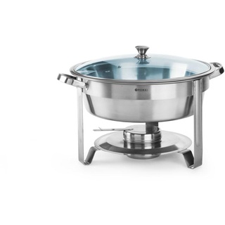 HENDI Chafing Dish, Rund, mit Glasdeckel mit einem Brennpastenbehälter und Lebensmittelpfanne, Warmhaltebehälter, Speisewärmer, Behälter, Silber, 3,5L, ø390x(H)270mm