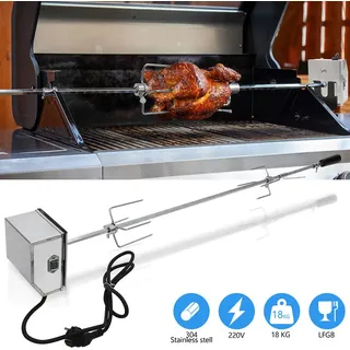 Fiqops Edelstahl Grillspieß Set 117cm BBQ Fleischklammer mit Motor inkl. Fleischnadeln 220V - 240V Elektrischer Drehspieß, Rotisserie, Drehspiess
