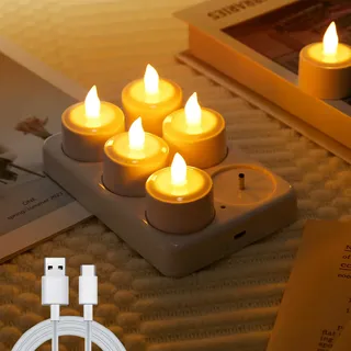 EXTSUD 6 Stück Led Teelichter LED Flammenlose Kerzen mit Ladestation Wiederaufladbare Kerze Flamme Flackern Kerzenlicht Elektrische Teelichter Jugendweihe Windlicht Tischlicht Wohnzimmer Deko