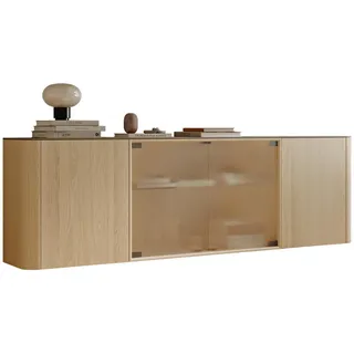 Walden Sideboard , Eschefarben, Greige , Holz, Glas , Esche , mehrschichtige Massivholzplatte (Tischlerplatte) , 3 Fächer , 216x68x37 cm , individuell planbar, Beimöbel erhältlich, hängend, in verschiedenen Holzarten erhältlich , Holzmöbel, Wohnwände Holz, Wohnwand Serien Holz