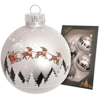 Krebs Glas Lauscha - Weihnachtsdekoration/Christbaumschmuck aus Glas - Silberne Weihnachtskugeln - Motiv: Santa fliegt über den Wald - 4 Stück - Größe: 7cm