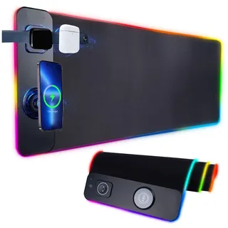 Ouitble RGB Gaming Mauspad Großes XXL LED-Schreibtischpad mit Kabelloser Schnellladung für Uhren Handy Kopfhörer, Wasserdicht Mousepad LED 14 Beleuchtungsmodi für Tastatur PC Gamer, 800x300x4mm