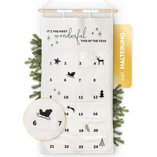 Amari ® Adventskalender zum Befüllen Black & White - XXL Wandkalender (70 x 130 cm) mit 24 Fächern zum Basteln für Weihnachten - Adventskalender zum Aufhängen Stoff - Weihnachtskalender