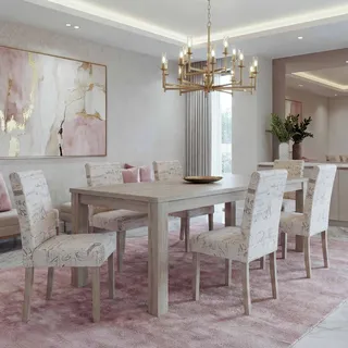 6er-Set Esszimmerstuhl Littau, Stuhl Küchenstuhl  Textil mit Schriftzug, creme, Beine Struktur - Eiche - Beige