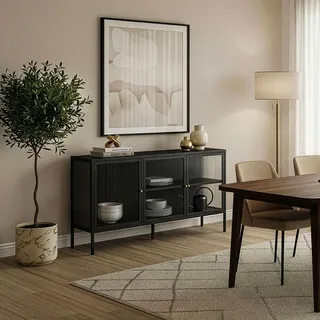 Vitrinen-Sideboard ‘Vinterhavn’ Stahl 3-türig 80 x 150 x 40 cm Schwarz - Schwarz