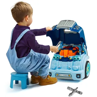 Vevor Motorspielzeug, 60-teilig, Autoreparaturset für Kinder, mit abnehmbaren Teilen, Lichtern und Geräuschen, Lenkrad und Hupe, Mechaniker-Werkstattset für Kinder für Kleinkinder ab 3 Jahren, Blau