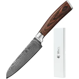 Wakoli EDIB Damastmesser Santoku 12,5 cm Klinge – Kleines Damast Küchenmesser aus 67 Lagen Damaststahl mit VG10-Kern (60 ±2 HRC) – Scharfes Santoku Messer mit Pakkaholzgriff in Geschenkbox