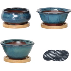 Jinfa Bonsai Schale Bonsai Topf Keramik Bonsaischale mit Untersetzer und Entwässerungslöchern | Türkis | 3 Töpfe + 3 Bambus Untersetzer + 3 Drainagegitter