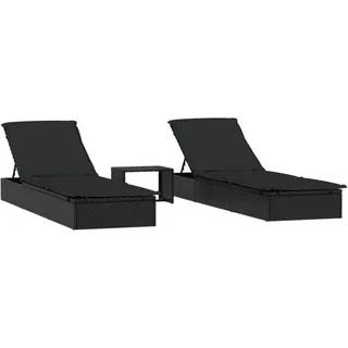 vidaXL Sonnenliegen 2 Stk. Mit Tisch Schwarz Poly Rattan , Kunststoff , Rechteckig , 55x62x201 cm , Gartenmöbel, Gartenliegen