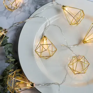 EONANT geometrische Metall leichte Kette, 20LED Metall Lichterkette batteriebetriebene goldene polygonale Laterne, verwendet für Wohnzimmer Party Hochzeit Gartendekoration (Diamant)
