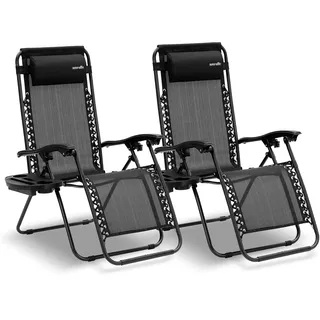 SereneLife Sonnenliege Wetterfest, Gartenliege Wetterfest Klappbar & Verstellbar zum Liegen für Balkon, Garten, Terrasse & Camping mit Seitentisch, Kopfkissen & Getränkehalter, Deckchair Schwarz